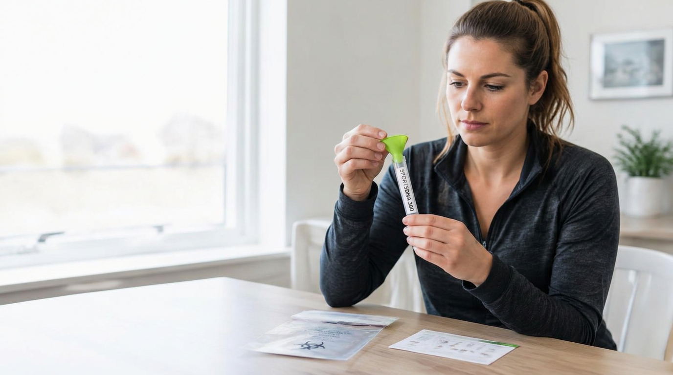 Athlete at home filling a saliva collection tube with a lime funnel cap